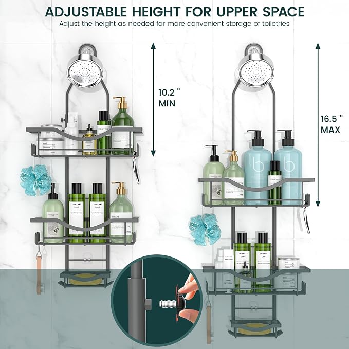 REINHARDT Shower Caddy Hanging Adjustable, Extended Length Rustproof Shower Caddy Over Shower Head with Hooks Soap Holder, Large Capacity Shower Organizer Anti-Swing Bathroom Organizer, Grey - Image 2
