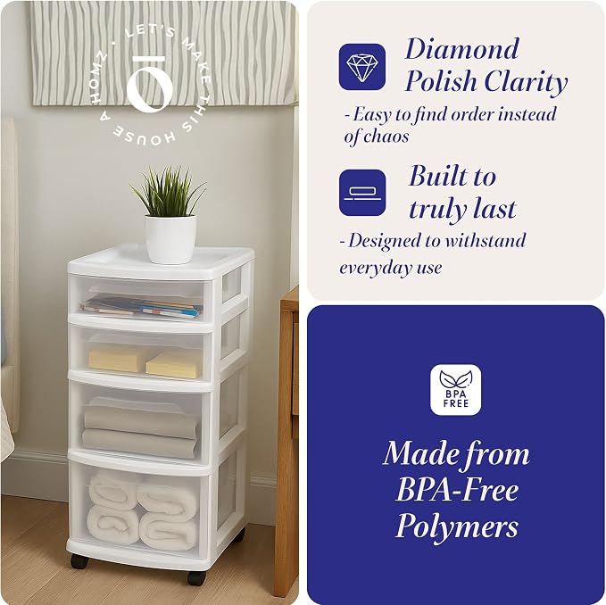 HOMZ 2-Pack Drawer Tower, 4-Tier Clear Plastic Storage Organizer Cart, White Frame - Organizing Containers with Wheels for Home, Bathroom, Bedroom, Office, and Classroom - Image 5