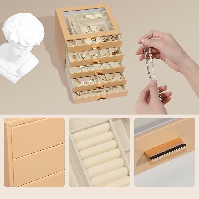 Jewelry Box with Glass Lid, 5-Layer Jewelry Organizer for Women Girls, PU Leather Display Case with 20-Grid Earring Tray & Movable Dividers for Necklaces Rings,Camel - Image 6