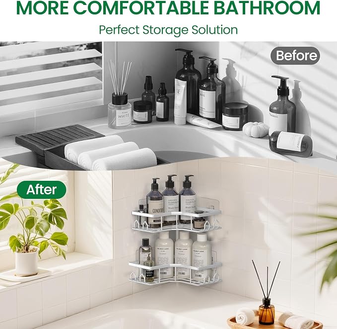 Adhesive Shower Caddy, 2 Pack Corner Bath Organizer, Rustproof Stainless Steel Shower Shelves with Large Capacity, No Drilling Shelves for Bathroom Storage, Home, Kitchen Décor (White). - Image 5