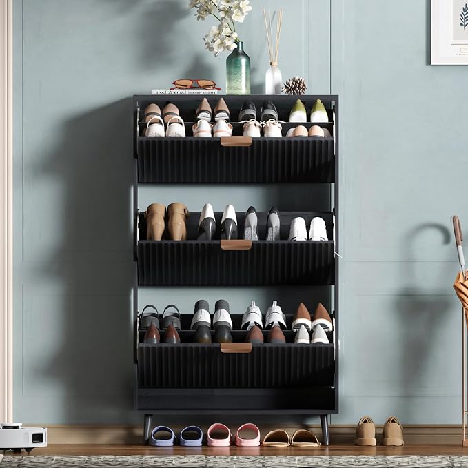 Shoe Cabinet Storage,Modern Freestanding Organizer with 3 Flip Drawers,Narrow Shoe Rack Cabinet for Entryway,Black by QIVOMIX