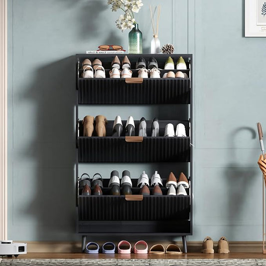 Shoe Cabinet Storage,Modern Freestanding Organizer with 3 Flip Drawers,Narrow Shoe Rack Cabinet for Entryway,Black by QIVOMIX