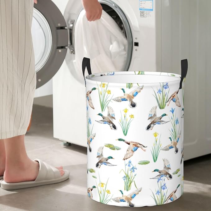 Laundry Basket Watercolor Mallard Duck Room Decor,Round Laundry Hamper Waterproof Dirty Clothes Hamper Collapsible Laundry Baskets With Handles,Toy/Clothes Storage Basket For Home Dorm Bathroom Decor - Image 6