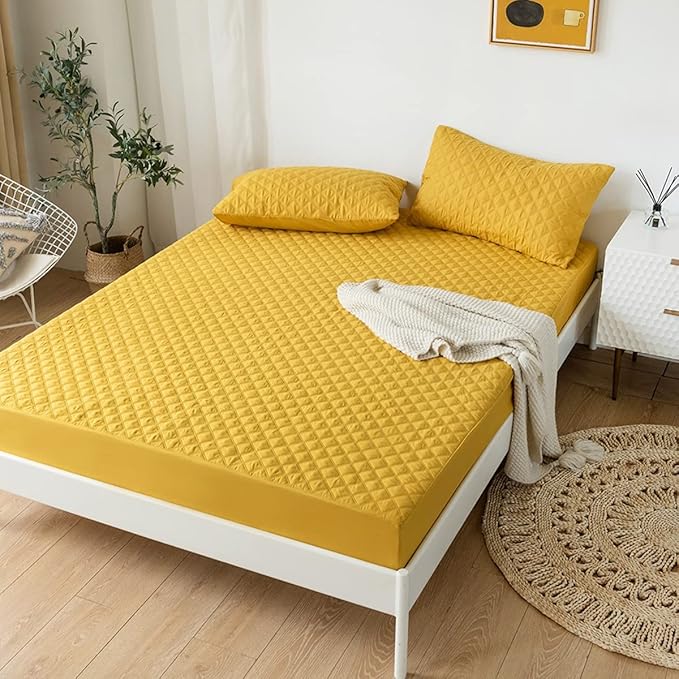 jejeloiu Yellow Quilted Mattress Pad, 100% Waterproof Breathable Queen Bedding Fitted Sheet Mattress Protector 14" Deep Pocket Cotton Snow Down Alternative Filling Mattress Cover (Queen,Yellow)