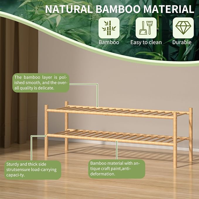 ROMGUAR CRAFT 2-Tier Bamboo Long Shoe Rack, Free Standing Wood Shoe Shelf Storage Organizer for Closet Entryway Stackable 35"x11"x13" (Natural) - Image 5