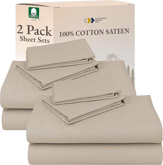 California Design Den 100% Cotton 2-Pack Queen Sheets Set for Queen Size Bed - Soft Sateen, Deep Pockets, Durable Cotton Sateen Sheets - Beige (Warm Taupe)