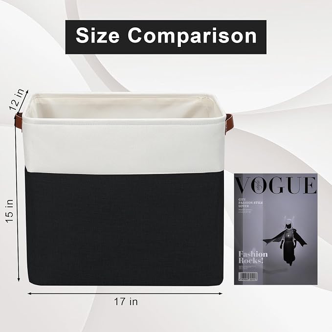 Bagnizer Large Fabric Storage Baskets | 50L Storage Bins, Decorative Linen Closet Baskets with Handles for Organizing, Shelf, Toys, Clothes, Home, Office, Nursery, 17x12x15Inches (Black&White) - Image 3