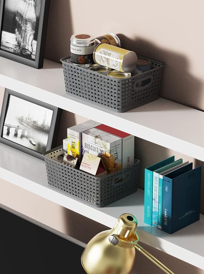 WYT 12-Pack Plastic Small Shelf Storage Weave Baskets for Organizing, Grey - Image 6