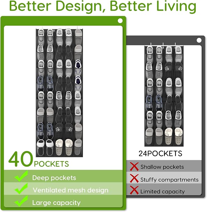 Unjumbly Over the Door Shoe Organizer with 40 Large Breathable Mesh Pockets, Space Saving Shoe Holder, Hanging Shoe Rack for Entryway Bedroom Closet Storage (Black, 80 Pockets) - Image 5