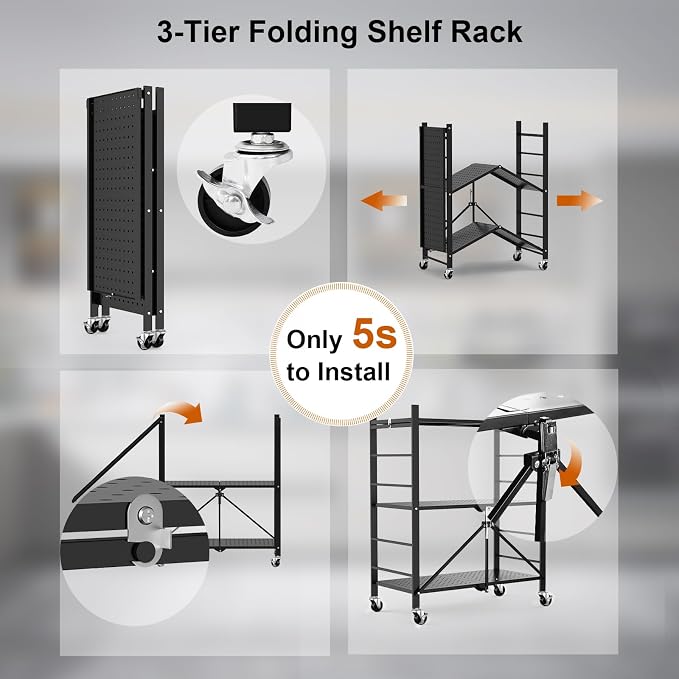 Himix Storage Shelves with 6 Hooks, 3 Tier Foldable Shelf with Wheels, Metal Storage Shelving Unit Rolling Cart, Utility Shelf Rack Organization Shelves for Pantry, Kitchen, Black - No Assembly - Image 5