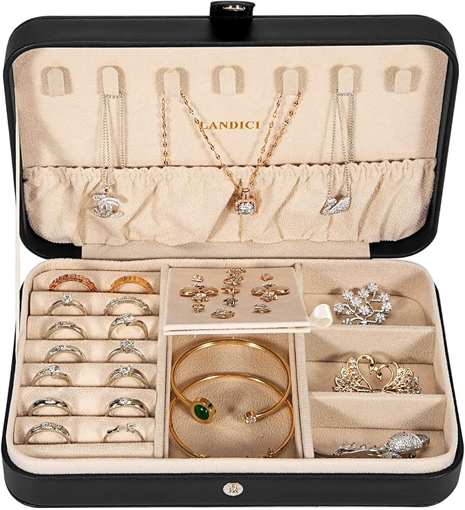 LANDICI Small Jewelry Box for Women Girls, PU Leather Travel Jewelry Case, Portable Jewelry Organizer Storage Holder Display for Ring Earrings Necklace Bracelet Bangle Men Kids Gift, Black - Image 2