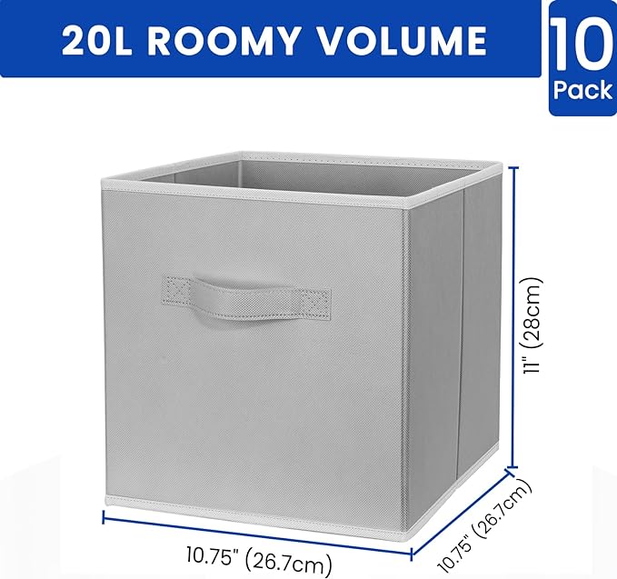 Criusia Storage Cubes, 11 Inch Cube Storage Bins for Shelves (10 Pack), Fabric Collapsible Storage Bins with Dual Handles, Foldable Cube Baskets for Clothes, Closet Organizers and Storage Box (Grey) - Image 4
