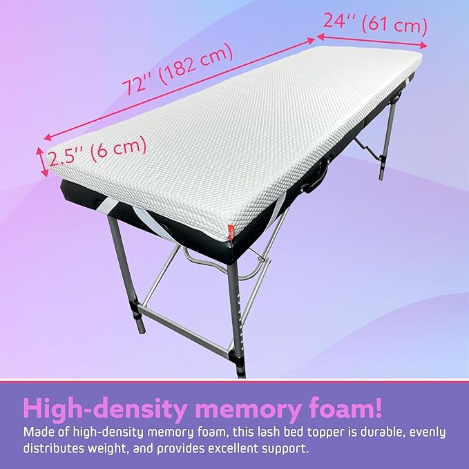 Lash Bed Foam Topper – 2.5 Inch Thick Memory Foam Massage Table Pad with Corner Straps & Anti-Slip Base, Comfortable Spa or Facial Bed Topper for Lash Extensions & Salon Use – White