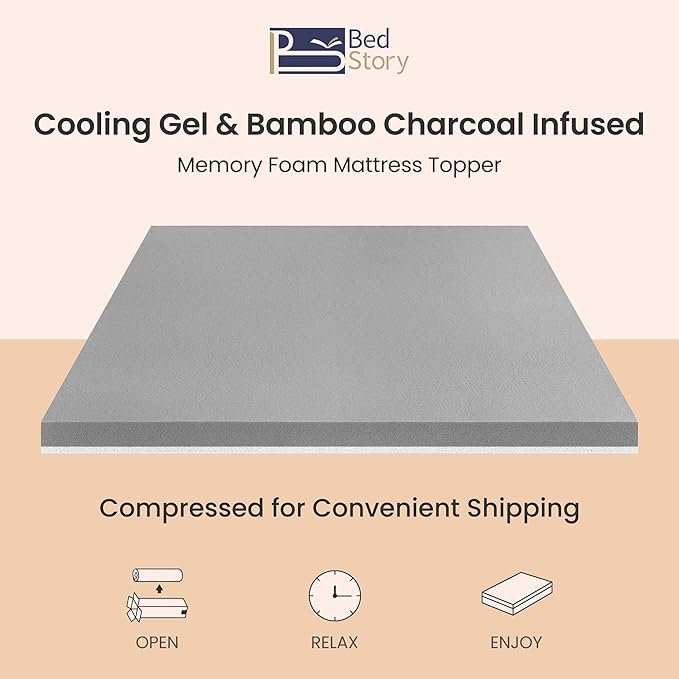 BedStory Extra Firm Mattress Topper Queen Size 3 Inch - Gel & Bamboo Charcoal Cooling Pad for Back Pain Relief - High Density Bed Topper, CertiPUR-US Certified, Fiberglass Free