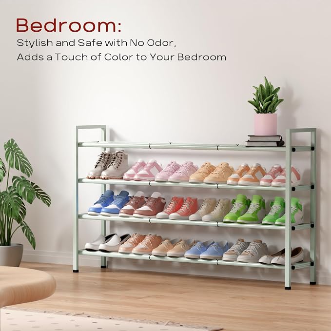 Bumusty 4-Tier Long Expandable Shoe Rack for Closet, 18"-44" Adjustable Shoe Rack for Entryway, 20-24 Pairs Large Shoe Organizer Shelf Storage, Sturdy Metal, Green - Image 6