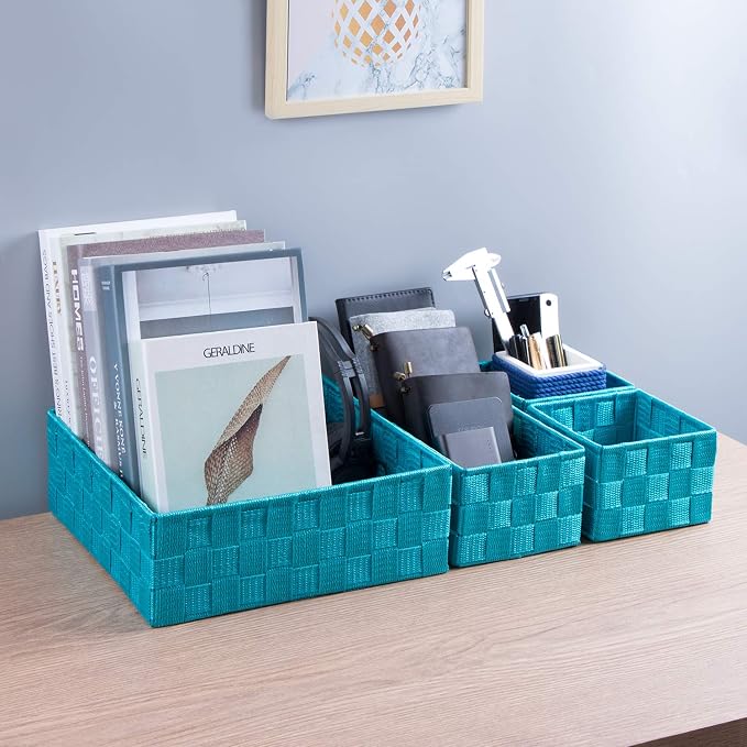 Posprica Woven Storage Baskets for Organizing, Small Black Baskets Cube Bin Container Tote Organizer Divider for Drawer, Closet, Shelf, Dresser, Set of 4(Aqua) - Image 4