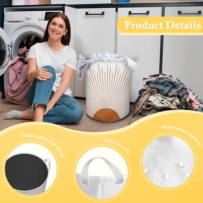 Boho Laundry Basket, Mid Century Modern Boho Terracotta Sun Sunshine Waterproof Collapsible Laundry Hamper Dirty Clothes Storage Toy Bin Organizer for Bathroom Bedroom Nursery Girls Kids Room - Image 6