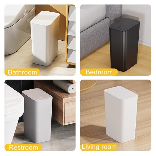 N. NETDOT 3 Pack 10L / 2.6 Gallon Small Trash Can with Lid,Bathroom Garbage Can with Pop-Up Lid,Waste Basket for Bathroom,Kitchen,Bedroom,Powder Room,Office,College (Black-Grey-Off White) - Image 4