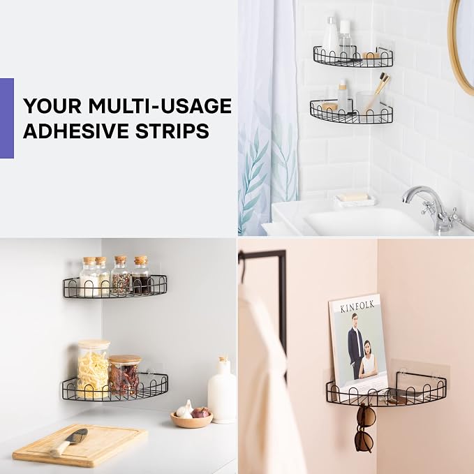 KINCMAX 2 Packs Strong Sticky Waterproof Heavy-duty Wall Adhesives Nail Free Transparent Adhesive Pad No-trace Wall Stick Adhesives Hook Strip for Shower Caddy, Kitchen Racks, Bathroom Storage Shelves - Image 4