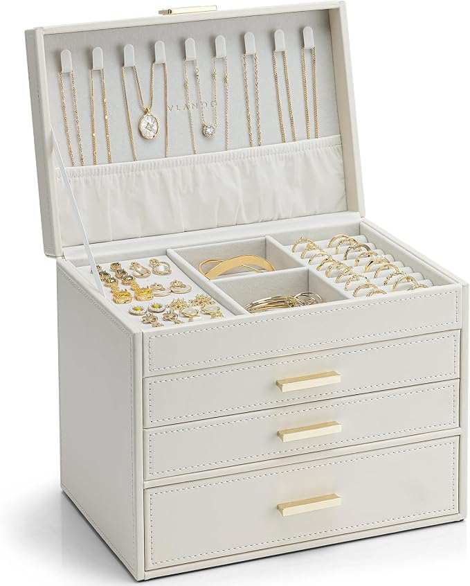 VLANDO 4 Layer Large Jewelry Box - Jewelry Holder Organizer, Jewelry Box Organizer for Drawer Necklace Ring Bracelet and Watch, Birthday Gift for Loved Ones - Beige by VLANDO