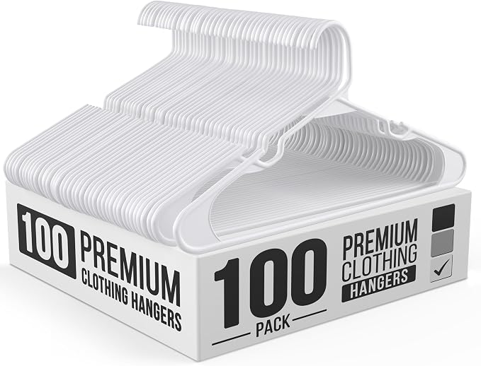 Our Modern Space 100 Pack Adult Plastic Hanger for Shirt Pants Coats Dresses Skirts Suits Jackets - Standard Thick Coat Hanger - Sturdy & Durable Design with Shoulder Grooves Hook - White by OurModernSpace