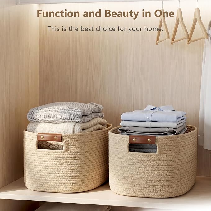ECDYQXVU Cotton Rope Basket, Storage Baskets with Handle, 15x10x9 Inch Woven Basket for Shelves, Laundry, Towels, Clothes, Books (Jute/Brown 3Pack) - Image 7