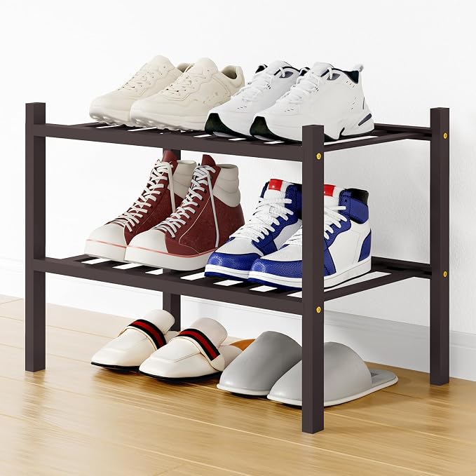 Smiry Shoe Rack, 2 Tier Small Bamboo Shoe Organizer, Stackable Free Standing Wooden Shoe Storage Shelf for Closet, Entryway, Front Door Entrance, Brown by Smiry