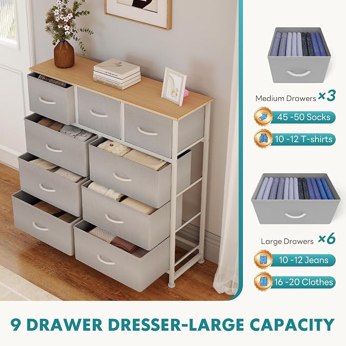 OLIXIS 9 Drawer Storage Dresser with Wood Top - Wide Fabric Chest Organizer for Bedroom, Closet, Living Room,Tower Cabinet, TV Stand, Hallway Entryway Furniture,Light Grey - Image 4