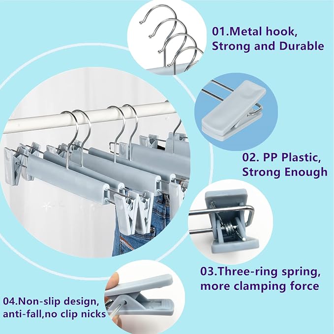 20 Pack Skirt Hangers with Adjustable Anti-Rust Clips for Pants, Skirts, Clothes Hangers, Light Blue - Image 4