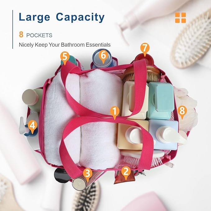 F-color Shower Caddy Portable - Mesh Shower Bag Basket Tote for College Dorm Room Essentials Bathroom Gym Camp Quick Dry for Women Men with S Hook, Pink Flamingo - Image 4