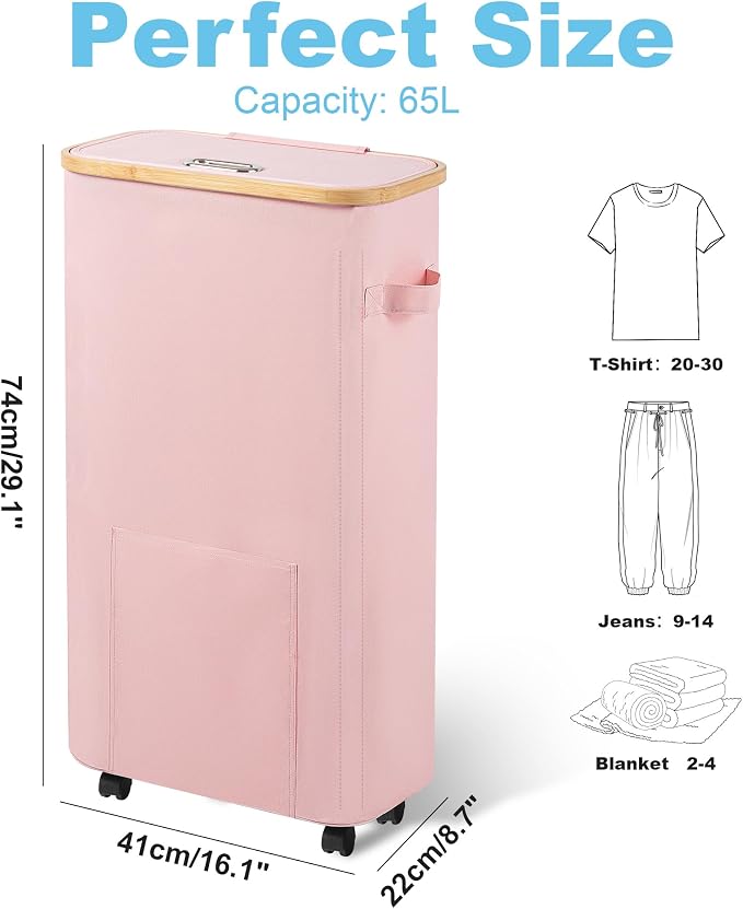 Vincona Laundry Basket with Wheels, Tall Dirty Clothes Hamper on Wheels, Rolling Laundry Hamper with lid for Dorm, Bedroom and Bathroom - Image 2