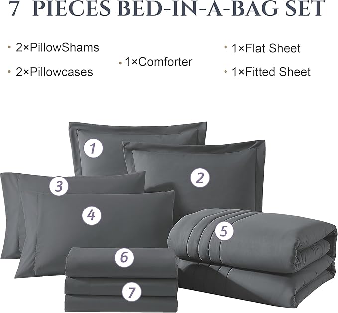 Monbix Super King Plus Size Comforter Set - 7 Pieces Bright Gray Bed in a Bag Super King Plus Bedding Sets with Comforters, All Seasons Comforter Bed Set with Sheets,Pillowcases & Shams