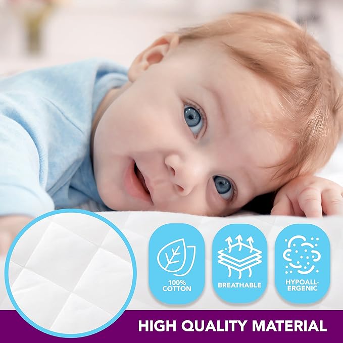VENNETI Crib Mattress Cover - Cotton Waterproof Mattress Protector - Premium Quality Hypoallergenic and Breathable Fabrics - Soft and Comfortable - Standard Dimension (Portable Crib)