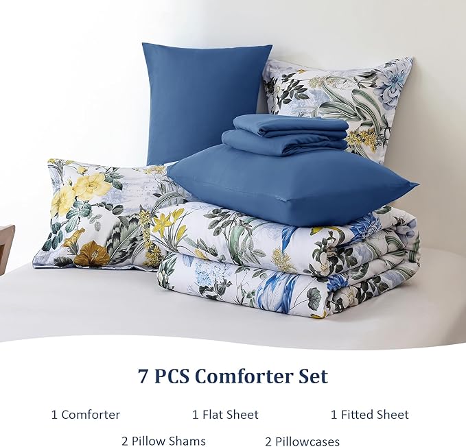 WONGS BEDDING Blue Comforter Set King, 7 Pieces Bed in a Bag Botanical Floral Comforter Bedding Set, Soft Microfiber Comforter with Flat Sheet, Fitted Sheet, Pillow Shams, Pillowcases