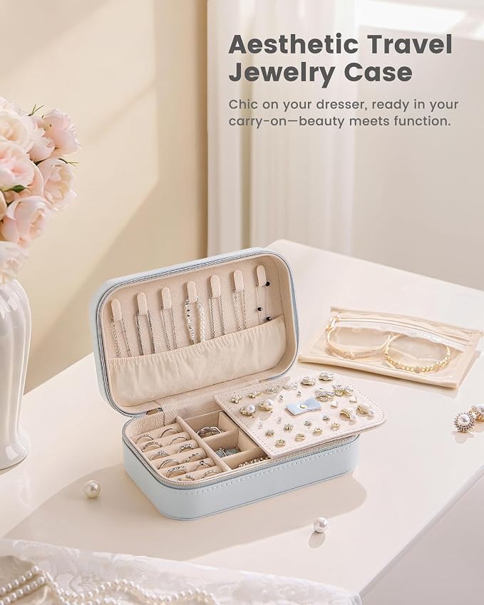 Lolalet Travel Jewelry Case for Women Girls, PU Leather Jewelry Organizer with Clear Storage Bag Small Portable Jewelry Box for Necklace Bracelet Earring Ring Mothers Day Birthday Gifts -Medium/Blue - Image 6