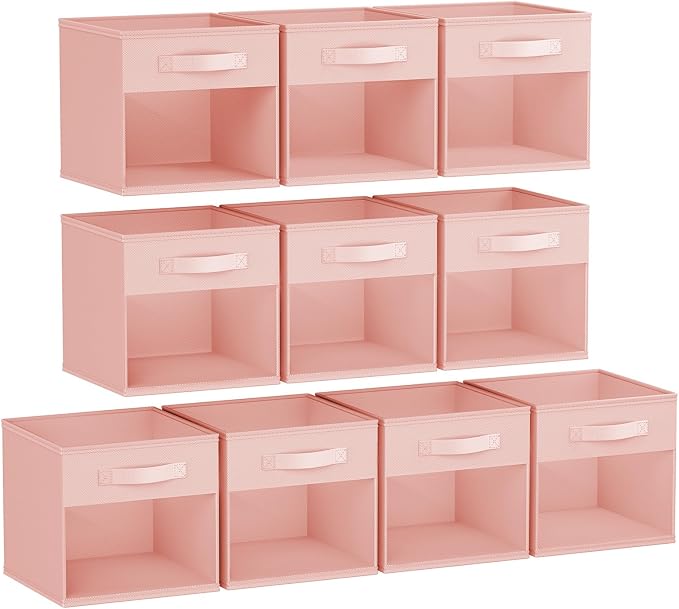 DIMJ Storage Cubes, Cube Storage Bin, 10 Pack Foldable Baskets with Window, Closet Storage Bins with Handle, 11x 11 inch Storage Cubes for Clothes, Toys, Books (Pink) by DiMJ