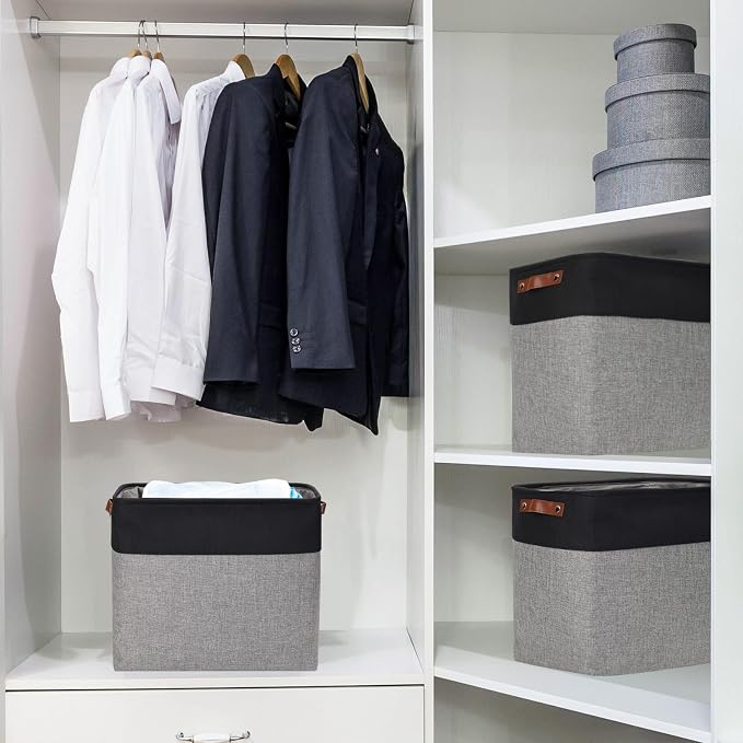 Bagnizer Large Fabric Storage Baskets | 50L Storage Bins, Decorative Linen Closet Baskets with Handles for Organizing, Shelf, Toys, Clothes, Home, Office, Nursery, 17x12x15Inches (Gray&Black) - Image 2