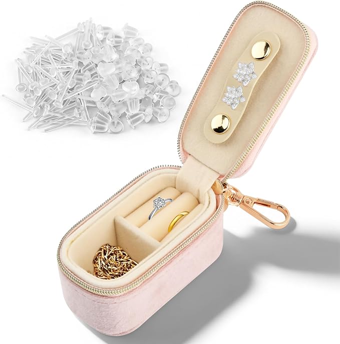 Velvet Mini Travel Jewelry Case, 2 in 1 Ring Holder Keychain + 50 Plastic Earrings, Portable Small Jewelry Organizer for Women, Travel/Gym/Wedding/Bridesmaid Gift - Image 4