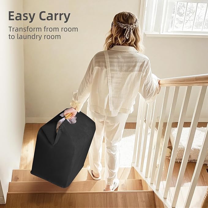 STORAGE MANIAC 2-Pack Large Laundry Hamper, 100L (26.4 Gal) Collapsible Laundry Basket with Bamboo Handles, Freestanding Waterproof Clothes Hamper for Bedroom, Dorm, Towels, Toys, Black+White - Image 2