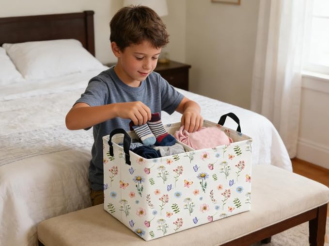 Rectangle Kids Baskets Flower Basket Cute Storage Bin Organizer Boys Box for Room Decor Gift Basket(Watercolor flower) - Image 6