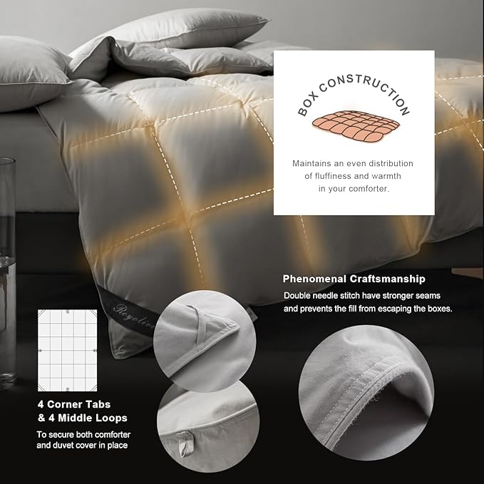 Royoliving King Size Feather Down Comforter Duvet Insert Grey - 100% Organic Cotton Shell - 750 Fill Power Hotel Collection with Corner Loops (106''×90'', 70oz)