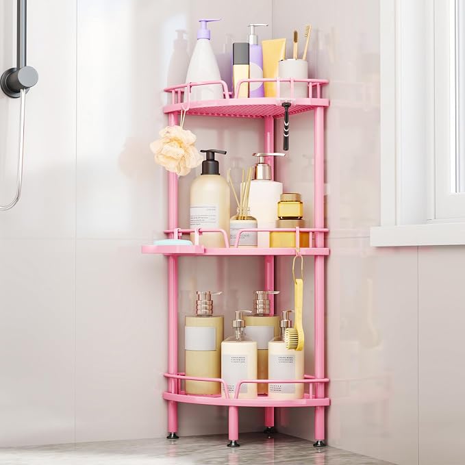 Consumest Corner Shower Caddy Stand - 3 Tier Shower Organizer with Soap Holder, Tall Floor Corner Shelf Standing with Adjustable Feet & 4 Hooks, Storage Rack for Bathroom Pink by Consumest