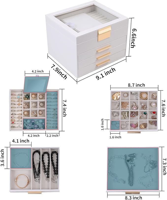 BOOVO Clear Lid Jewelry Box,4 Layers Jewelry Organizer Large Jewelry Storage Box with 3 Drawers,Jewelry Holder Organzier of Rings Earrings Necklace Bracelets for Women (White, 4 Layer) - Image 4