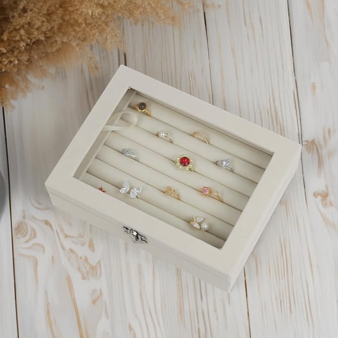 Fordonral Velvet Jewelry Organizer Box, Jewelry Drawer Organizers Trays, Earring Ring Necklace Holder Display Case (Beige, Ring Box) - Image 3