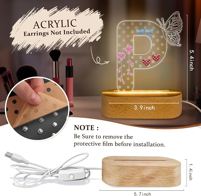 COSHAYSOO Initial Acrylic Earring Holder Organizer for Teenager Girls with Butterfly Decorations LED Night Light, Personalized Vanity Gifts for 8 9 10 11 12 13 14 15 16 Year old Girl Birthday Letter P - Image 2