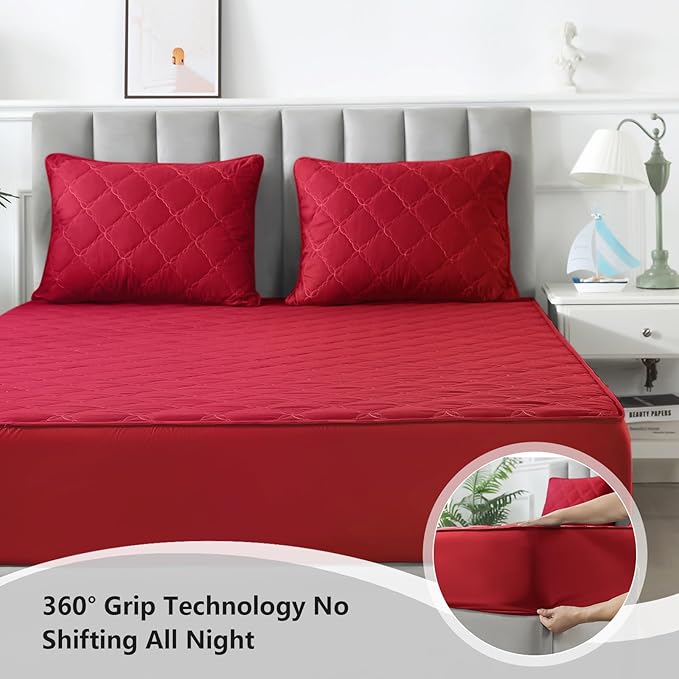 Waterproof Mattress Protector - Queen Size Mattress Pad Silent & Fitted Sheet Style | Full Bed Protection for Kids, Pets, Adults | Hypoallergenic, Machine Washable (Red, Queen)