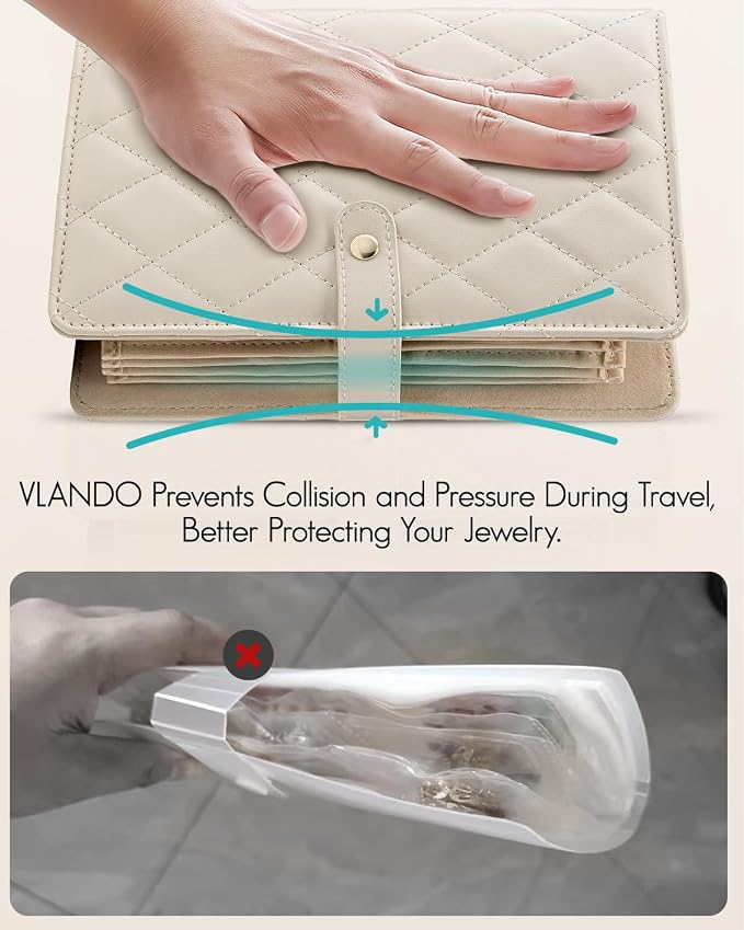 VLANDO Travel Jewelry Organizer Case,Large Jewelry Storage Book Ring Binder with Clear Zipper Velvet Jewelry Pouches Bags for Rings,Bracelet,Earrings-Cream White - Image 6
