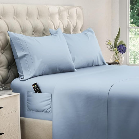 DREAMCARE Twin XL Sheet Sets - 4 pcs Breathable Cooling Bed Sheets - up to 15" Deep Pocket Twin XL Sheets Set with Side Pockets -Extra Soft 100% Brushed Hypoallergenic Hotel Luxury Bedding -Light Blue