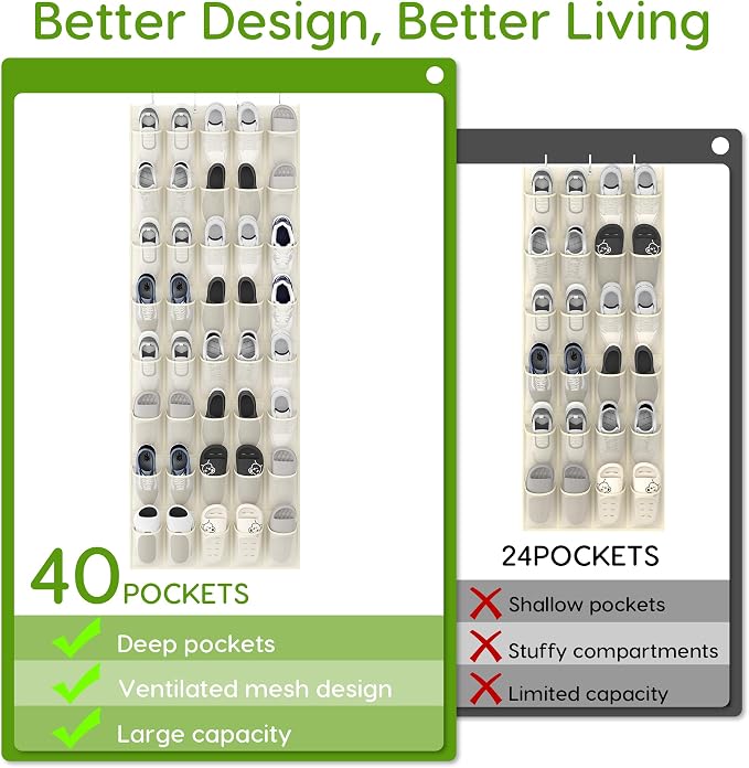 Unjumbly Over the Door Shoe Organizer with 40 Large Breathable Mesh Pockets, Space Saving Shoe Holder, Hanging Shoe Rack for Entryway Bedroom Closet Storage (Beige, 40 Pockets) - Image 5