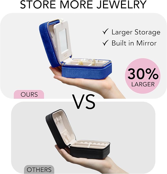 BLUTETE Travel Jewelry Box Organizer Velvet Travel Case With Mirror Ring Earrings Necklaces Storage Organizer Box (Midnight Blue) - Image 3